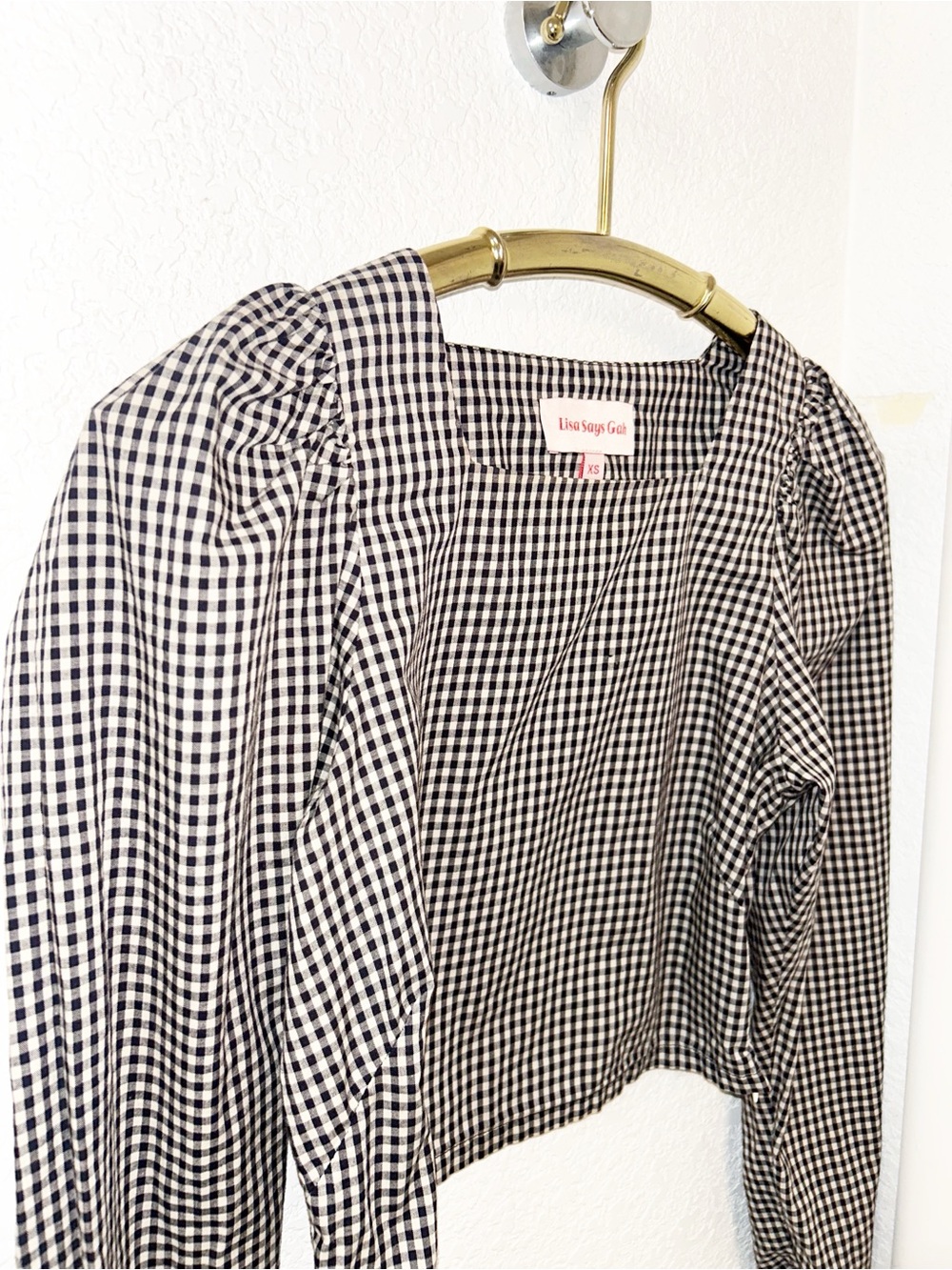 LISA SAYS GAH The Maddie Puff LongSleeve Gingham SquareNeck Blouse Cotton SZ: XS - Picture 3 of 13